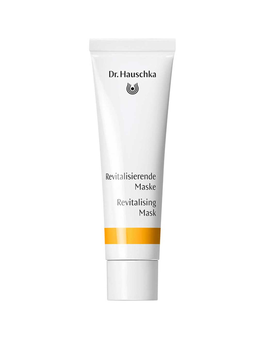 A white 30ml tube of Dr Hauschka Revitalising Mask with black text and a yellow stripe, designed for blemish-prone skin, stands upright against a white background—an essential for natural and organic skincare routines.