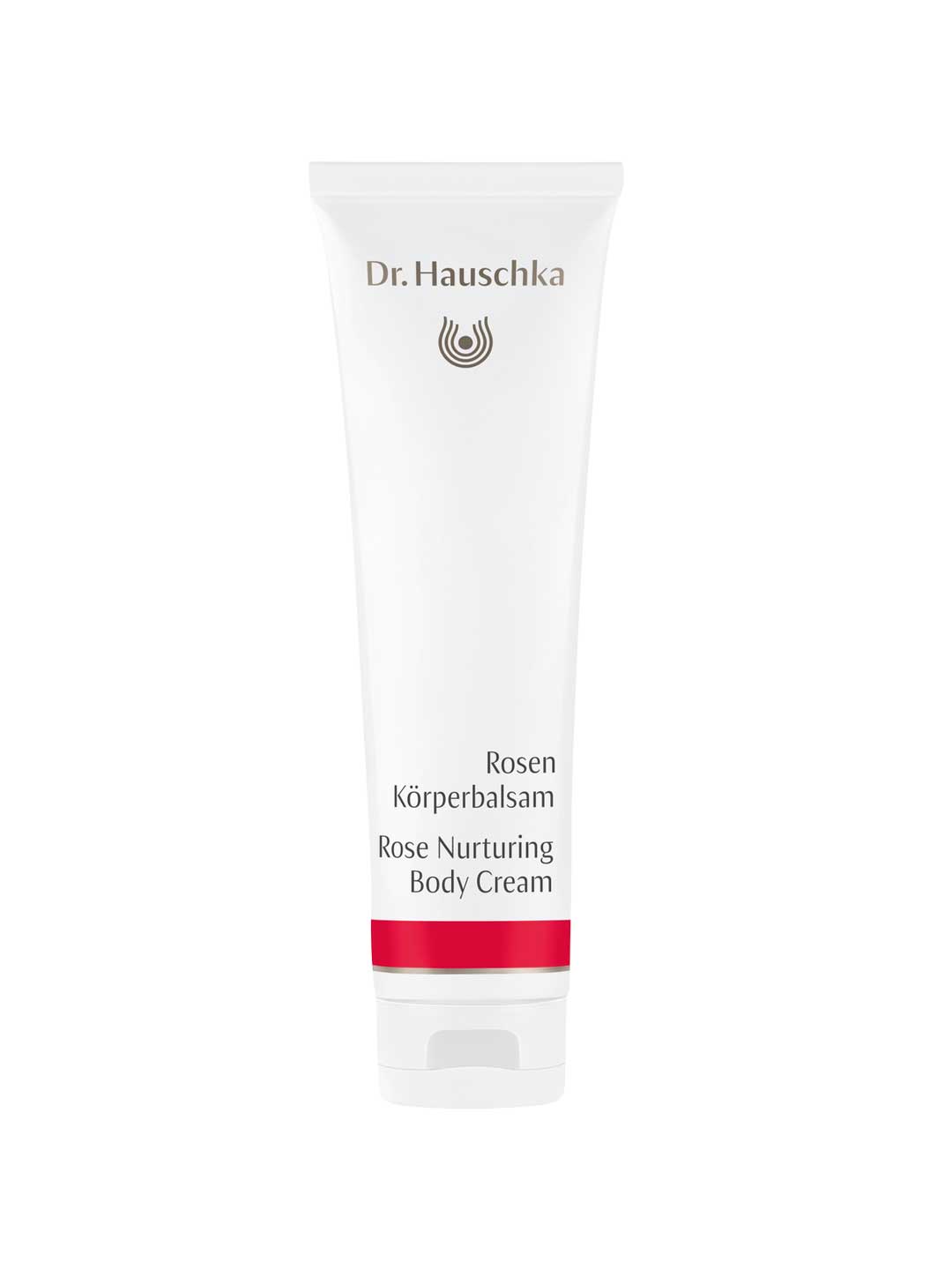 A white tube of Dr Hauschka Rose Nurturing Body Cream 145ml, a luxurious natural cream with German and English text, silver logo, and a red accent near the base.