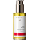 Dr Hauschka Rose Nurturing Body Oil 75ml comes in a clear bottle with a pump dispenser and a white label featuring gold and red accents. This natural, golden-yellow oil is ideal for nourishing sensitive skin.
