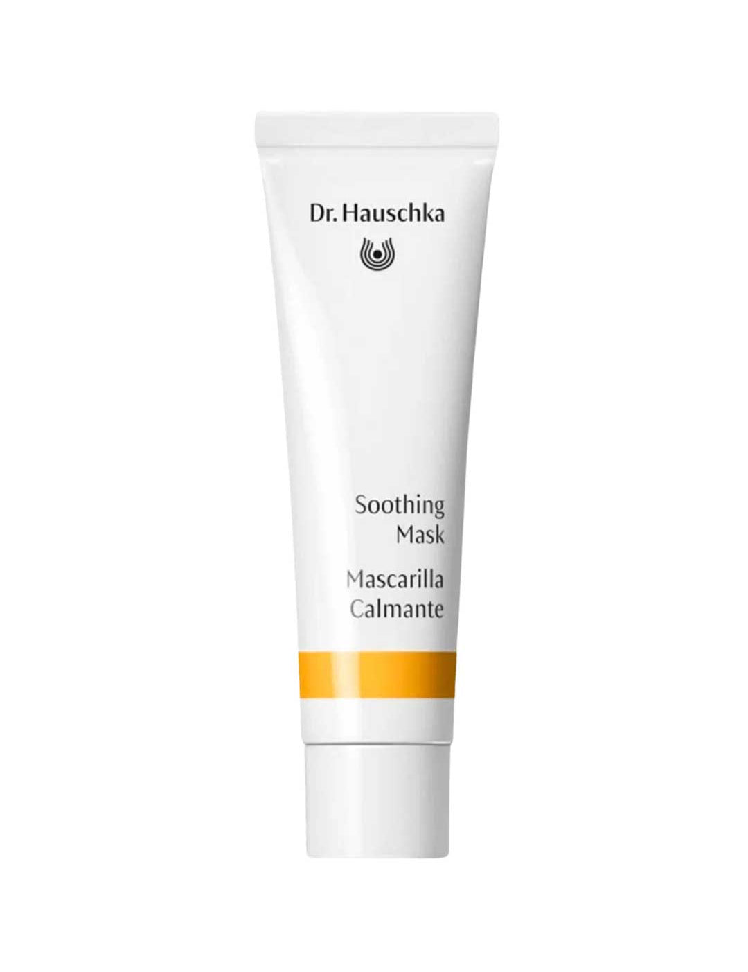 A white tube labeled Dr Hauschka Soothing Mask 30ml, featuring a yellow stripe near the bottom, stands upright against a plain background.