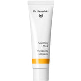 A white tube labeled Dr Hauschka Soothing Mask 30ml, featuring a yellow stripe near the bottom, stands upright against a plain background.