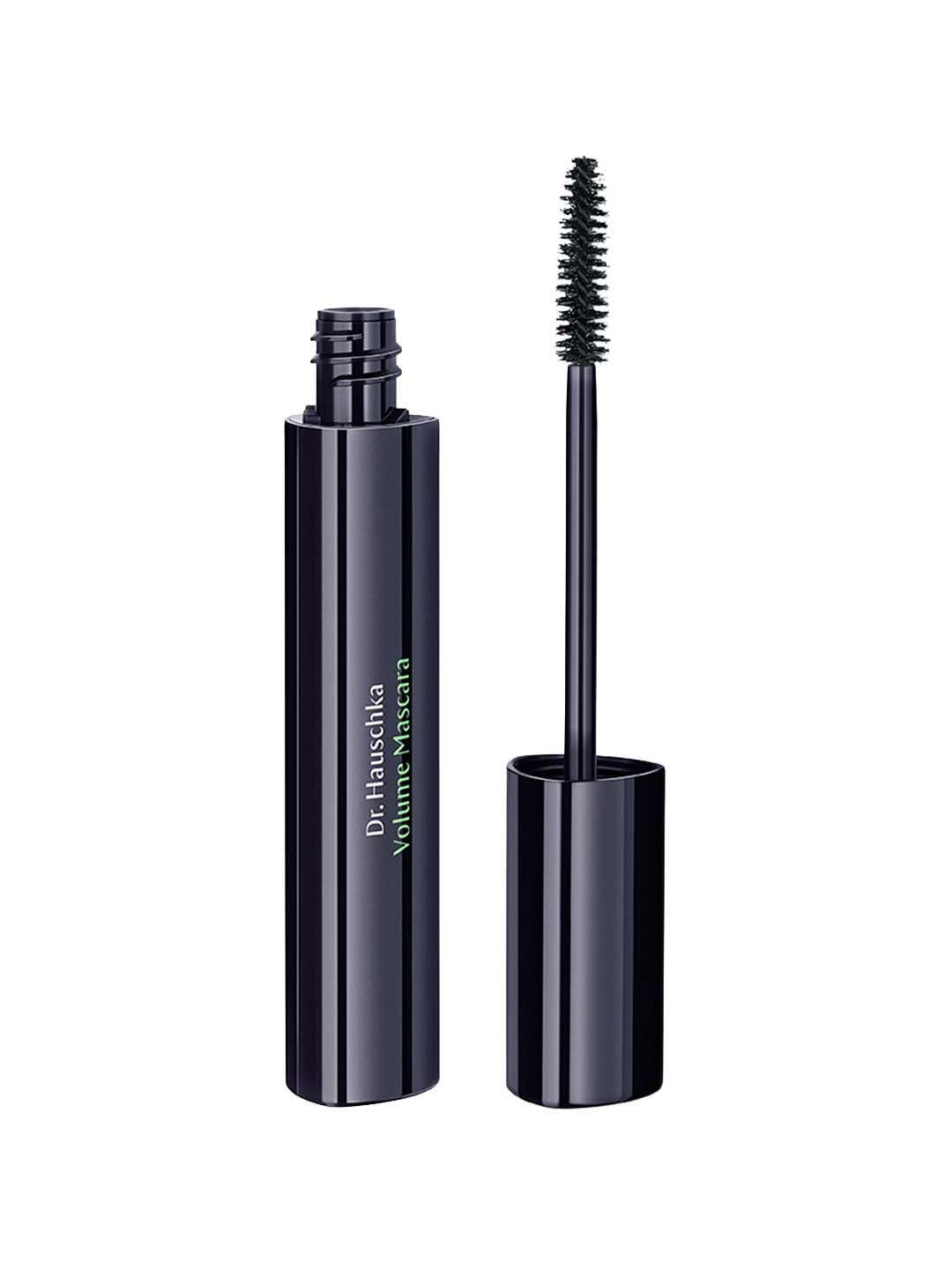 A sleek black tube of Dr Hauschka Volume Mascara 8ml stands upright with the wand, featuring a bristled brush, placed beside it. Perfect for sensitive eyes.