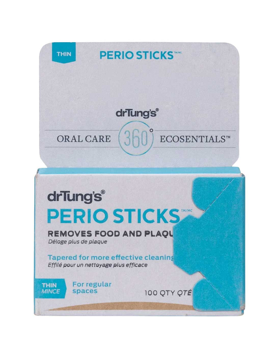 Dr Tung's Perio Sticks™ Birch dental sticks Thin provide eco-friendly, biodegradable oral care for regular spaces; this box contains 100 sticks to help remove food and plaque.