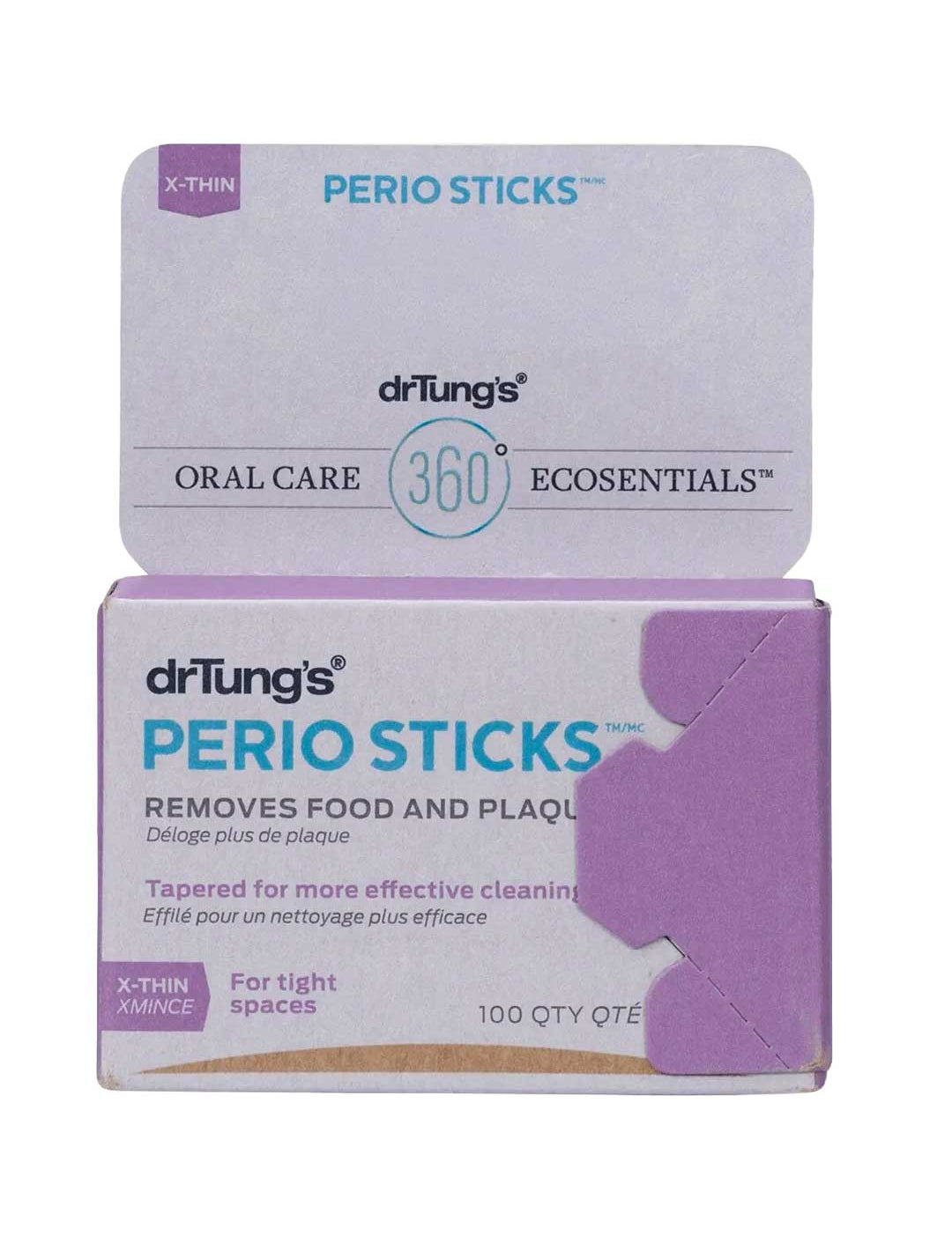 Dr Tung's Perio Sticks™ Birch dental sticks X-Thin come in a purple and white box of 100, labeled "Oral Care" and "Ecosentials." These x-thin sticks are ideal for cleaning extra-tight interdental spaces and removing food and plaque.