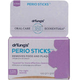 Dr Tung's Perio Sticks™ Birch dental sticks X-Thin come in a purple and white box of 100, labeled "Oral Care" and "Ecosentials." These x-thin sticks are ideal for cleaning extra-tight interdental spaces and removing food and plaque.