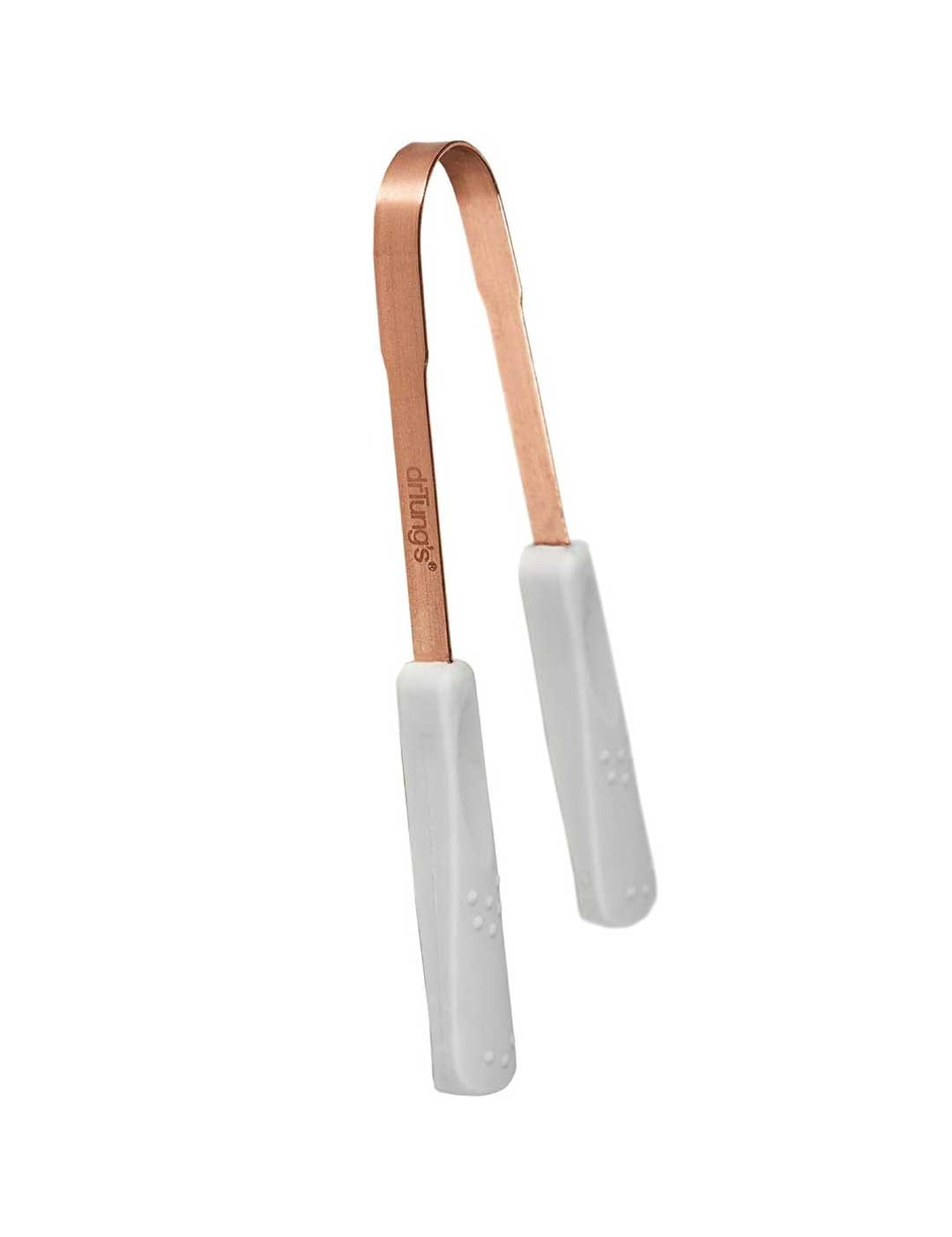 Dr Tungs trditional Ayurvedic Copper tongue scraper with white handles on a white background