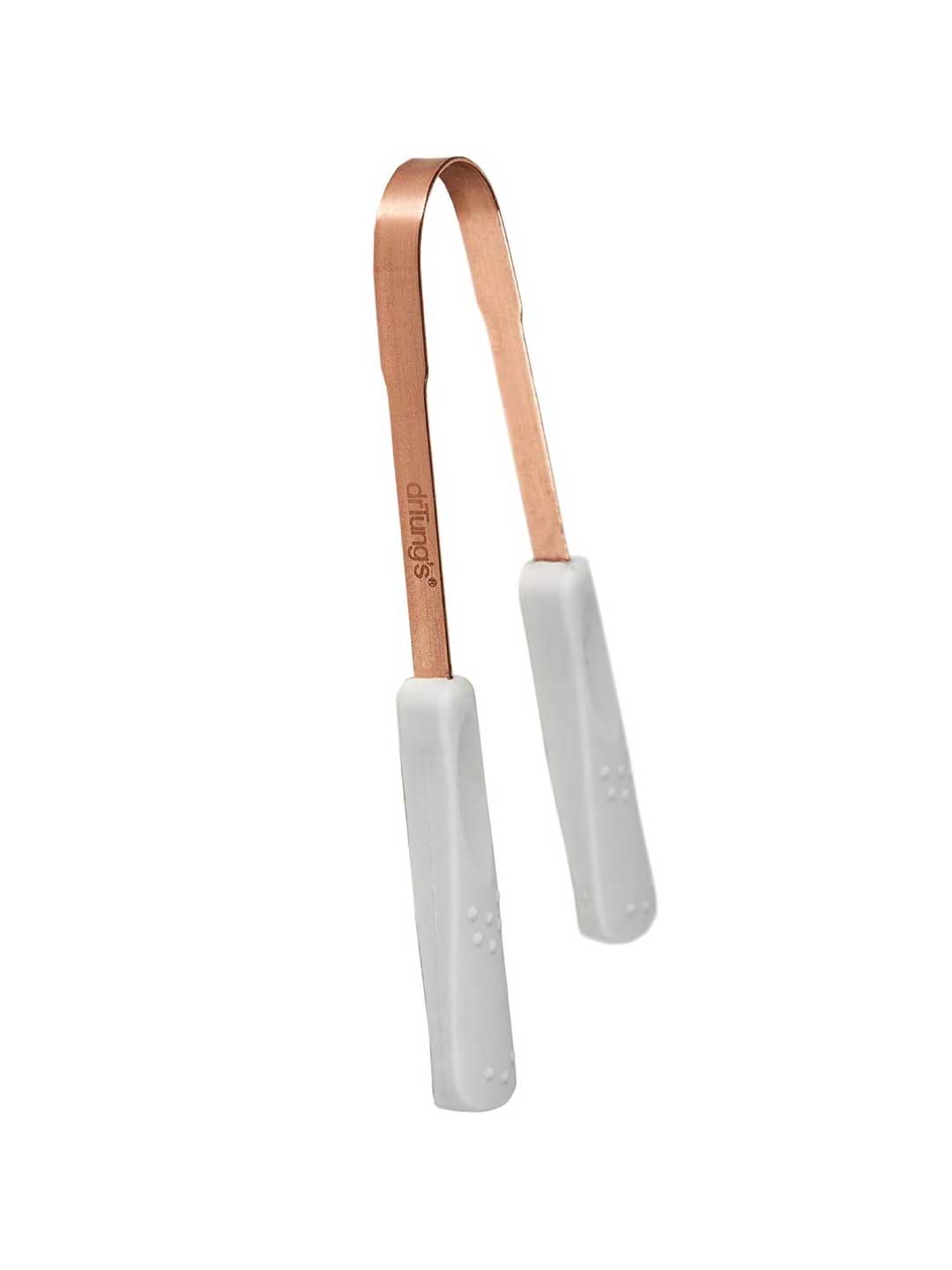 Dr Tungs trditional Ayurvedic Copper tongue scraper with white handles on a white background