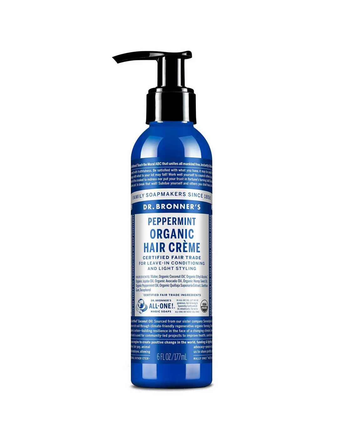 Blue bottle of Dr. Bronner's Peppermint Organic Hair Crème on a white background