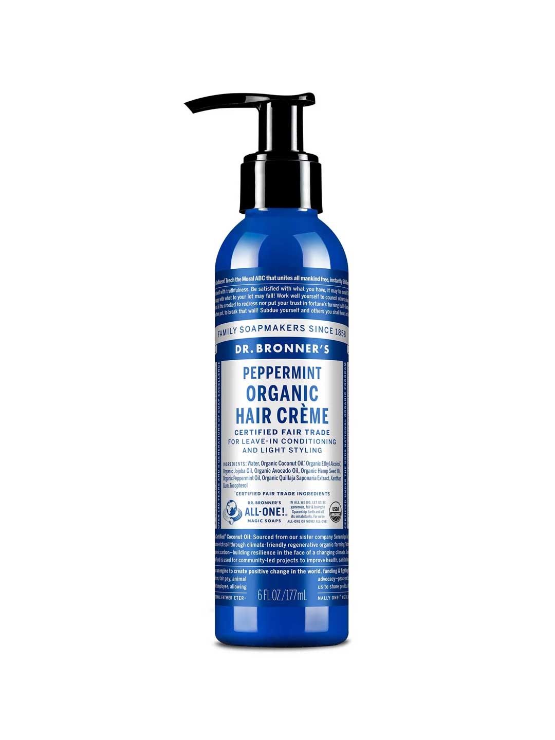 Blue bottle of Dr. Bronner's Peppermint Organic Hair Crème on a white background