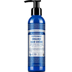 Blue bottle of Dr. Bronner's Peppermint Organic Hair Crème on a white background