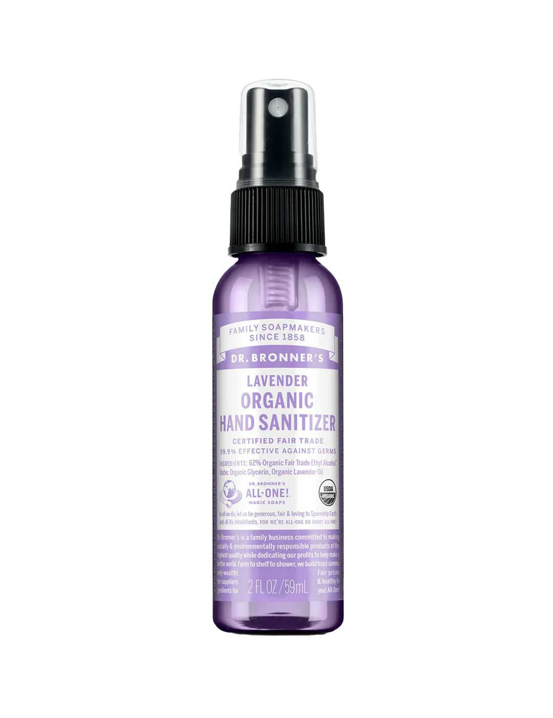 A 59ml bottle of Dr. Bronner's Organic Hand Sanitiser Spray in lavender.