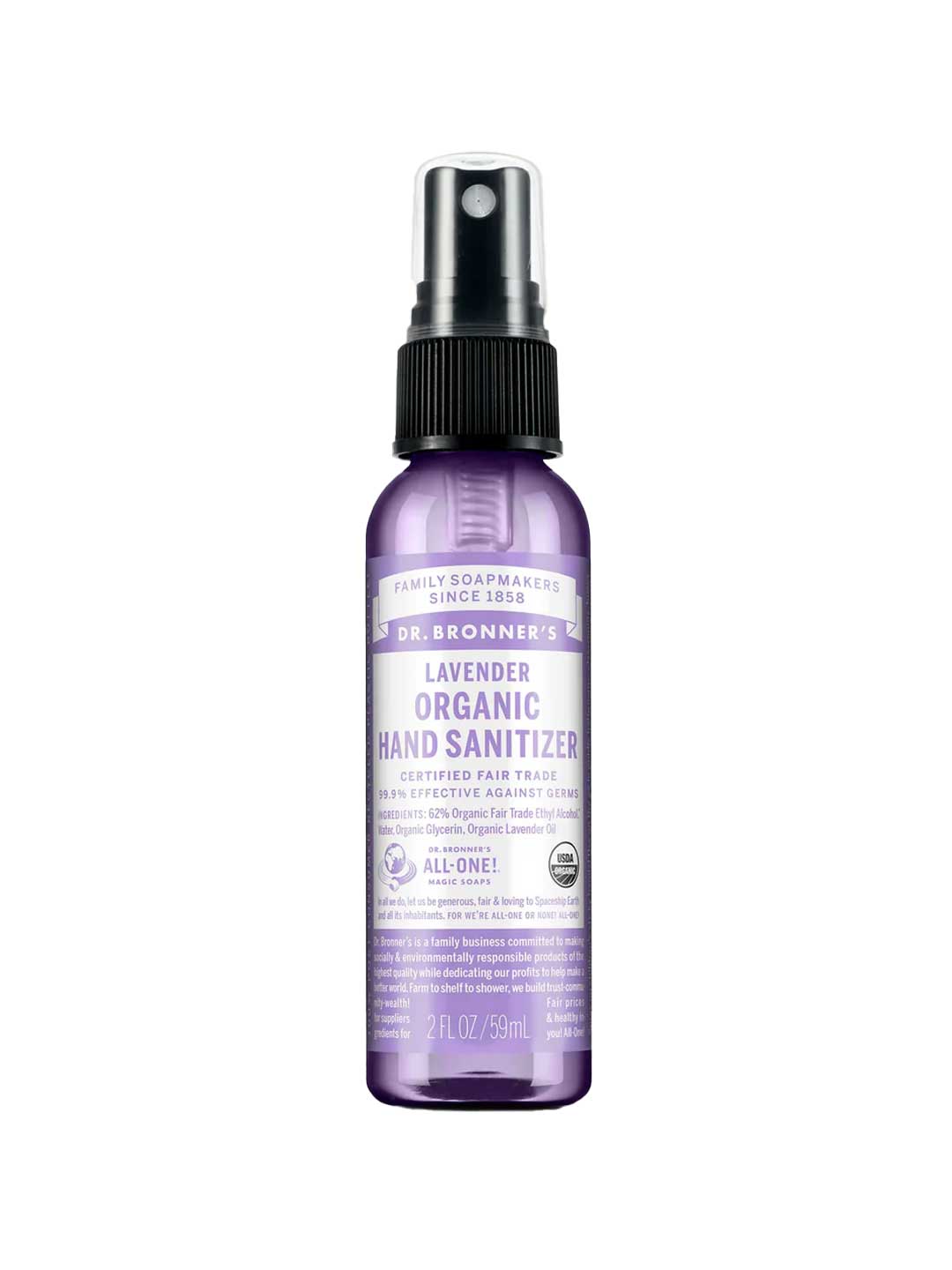 A 59ml bottle of Dr. Bronner's Organic Hand Sanitiser Spray in lavender.