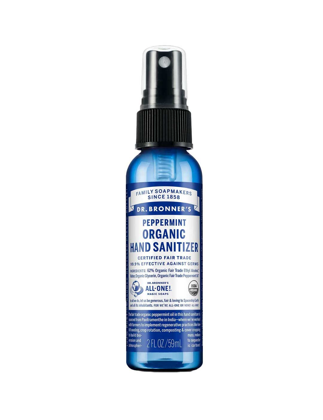 Dr. Bronner's Organic Hand Sanitiser Spray Peppermint 59ml comes in a blue bottle with a black cap and white label featuring blue and black text—perfect for on-the-go, organic freshness.