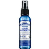 Dr. Bronner's Organic Hand Sanitiser Spray Peppermint 59ml comes in a blue bottle with a black cap and white label featuring blue and black text—perfect for on-the-go, organic freshness.