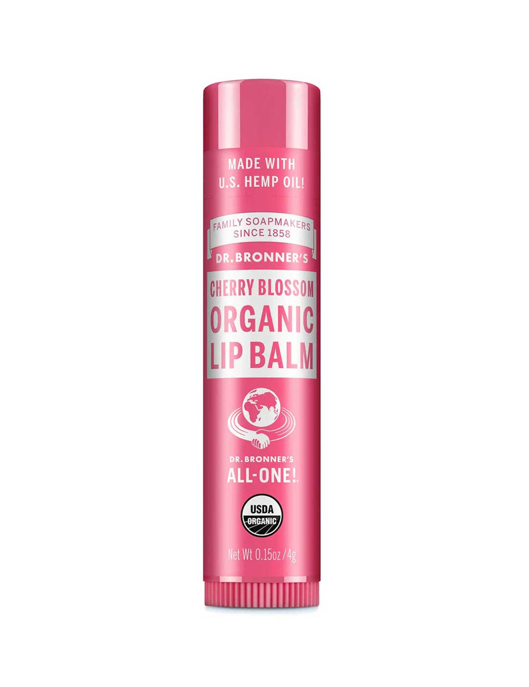 A nourishing pink tube of Dr. Bronner's Organic Lip Balms - Cherry Blossom 4g features white and red text, USDA Organic label, "Made with U.S. hemp oil!" claim, and a global logo visible on the packaging.
