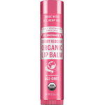A nourishing pink tube of Dr. Bronner's Organic Lip Balms - Cherry Blossom 4g features white and red text, USDA Organic label, "Made with U.S. hemp oil!" claim, and a global logo visible on the packaging.