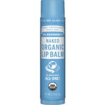 A blue tube of Dr. Bronner's Organic Lip Balm - Naked 4g stands upright with white and blue labels, displaying the USDA Organic seal and highlighting its unscented, gentle formula for fragrance-free lip care.