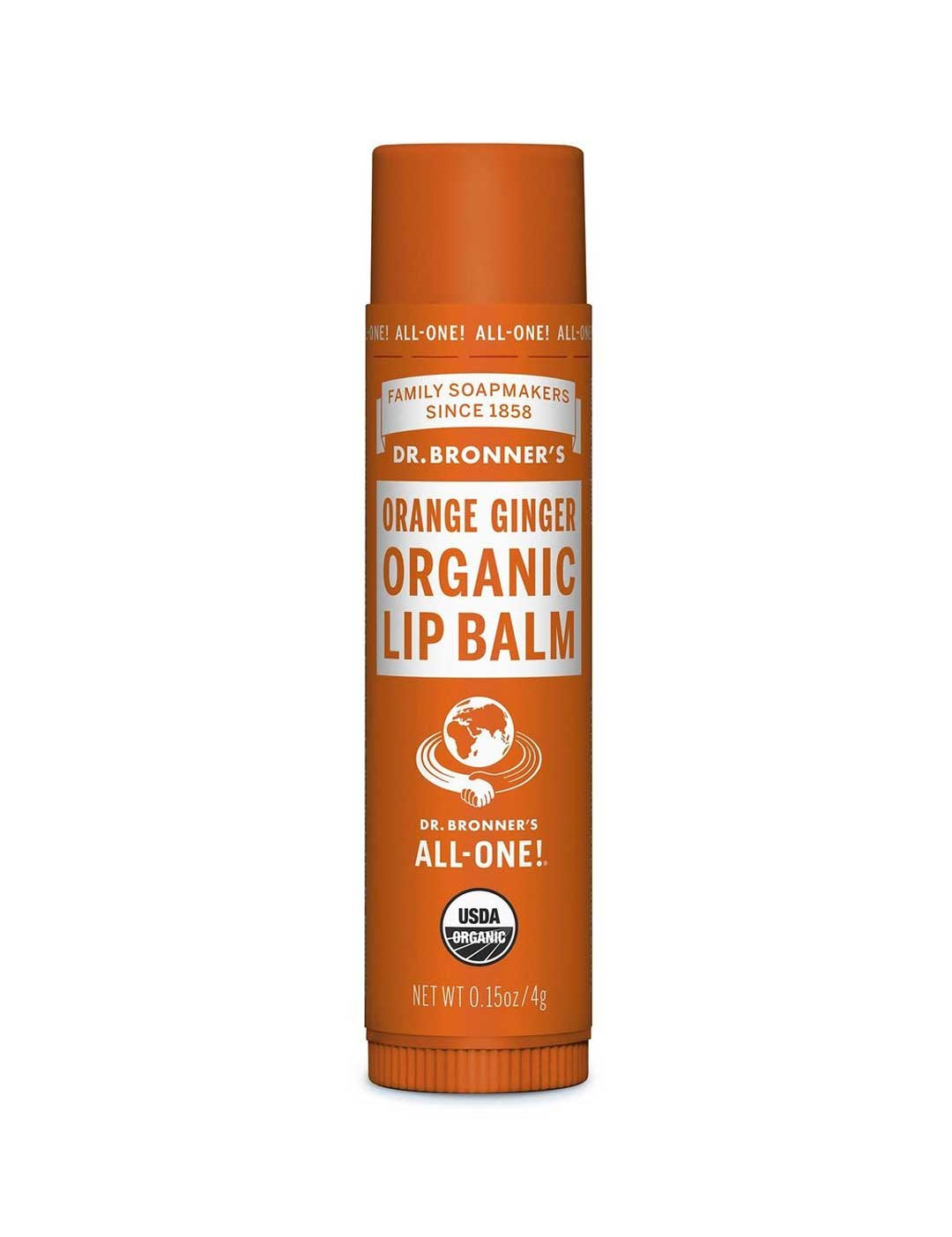 A 4g tube of Dr. Bronner's Organic Lip Balms in Orange Ginger flavor, with details and logos such as "USDA Organic" on the label.