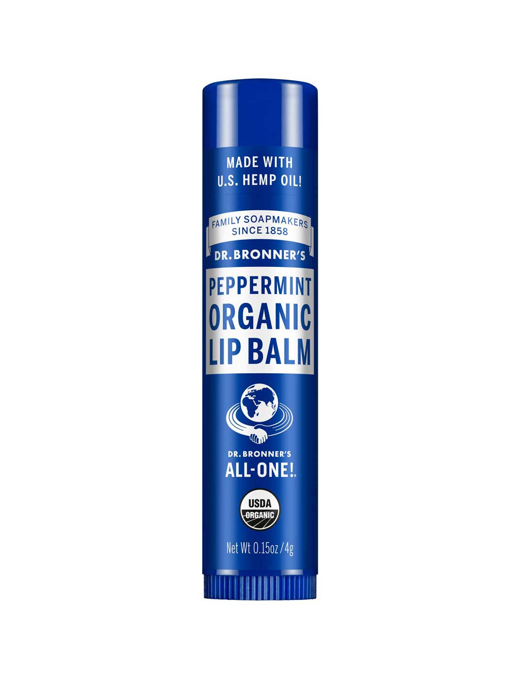 A blue tube of Dr. Bronner's Organic Lip Balms - Peppermint 4g features white and light blue text, the USDA organic seal, US hemp oil mention, and the phrase "ALL-ONE!" on the label.