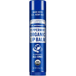 A blue tube of Dr. Bronner's Organic Lip Balms - Peppermint 4g features white and light blue text, the USDA organic seal, US hemp oil mention, and the phrase "ALL-ONE!" on the label.