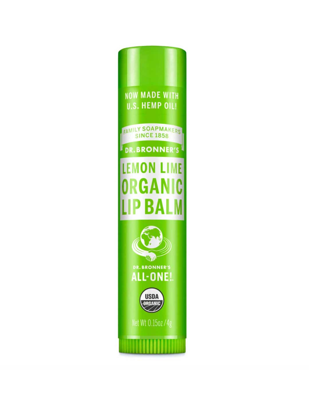 A green tube of Dr. Bronner’s Organic Lip Balm - Lemon Lime 4g, with USDA Organic and All-One! logos. This lip balm is made with U.S. hemp oil and provides zesty lemon-lime moisture for your lips.