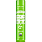A green tube of Dr. Bronner’s Organic Lip Balm - Lemon Lime 4g, with USDA Organic and All-One! logos. This lip balm is made with U.S. hemp oil and provides zesty lemon-lime moisture for your lips.