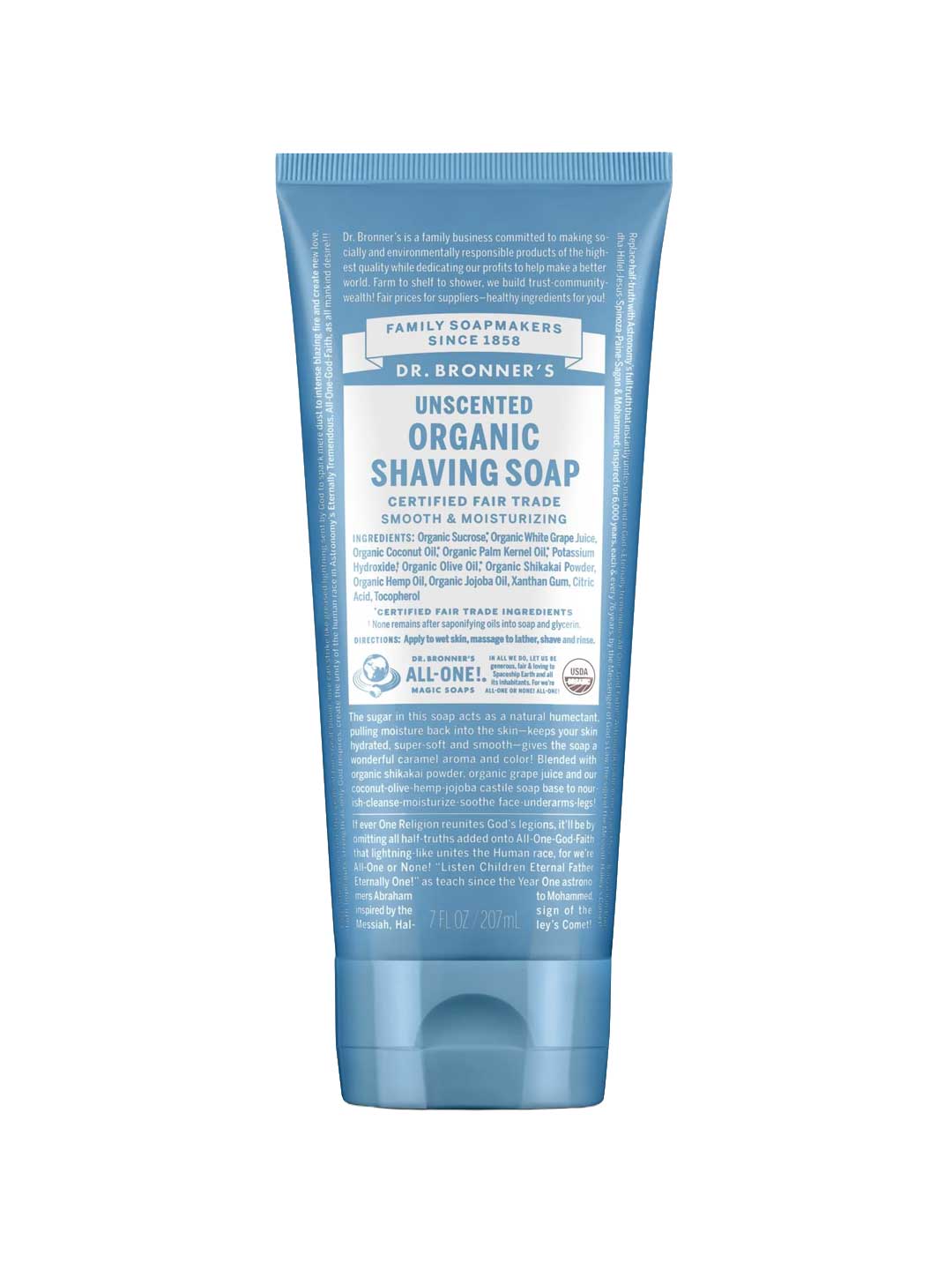 A blue tube of Dr Bronner's Organic Shaving Soap - Baby Unscented (207ml), ideal for sensitive skin, features white and light blue text noting "Certified Fair Trade" and "Smooth & Moisturizing.