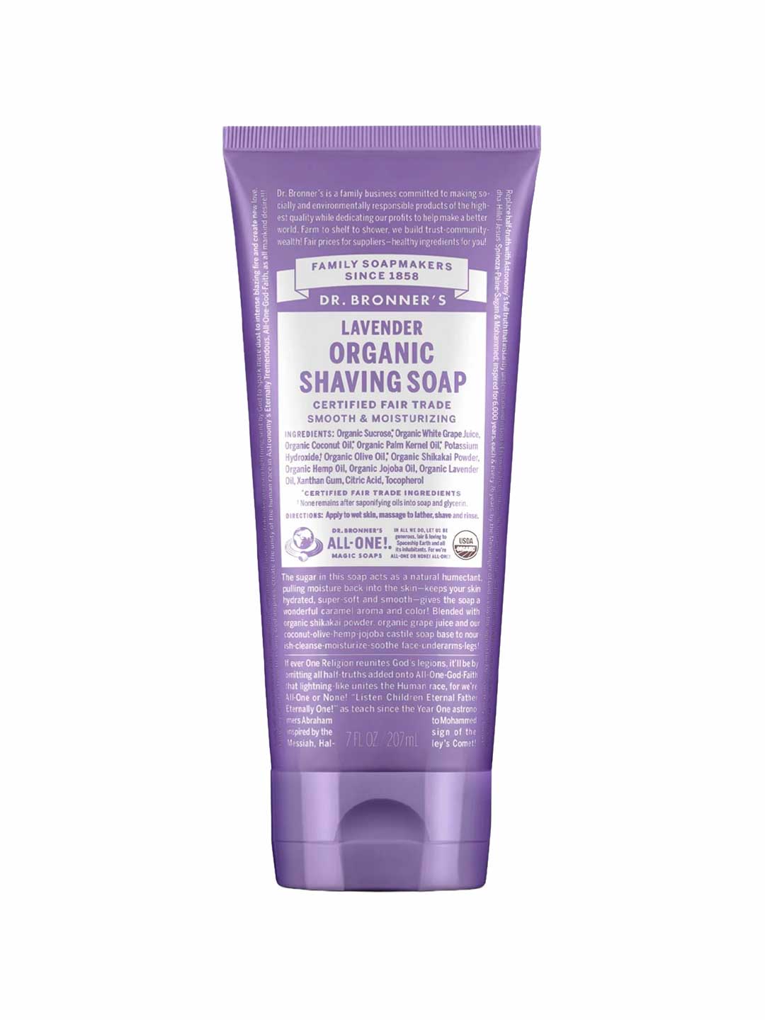 A 207ml tube of Dr Bronner's Organic Shaving Soap - Lavender, featuring purple and lavender labeling with product details and branding on the front.