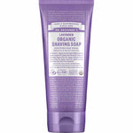 A 207ml tube of Dr Bronner's Organic Shaving Soap - Lavender, featuring purple and lavender labeling with product details and branding on the front.