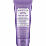 A 207ml tube of Dr Bronner's Organic Shaving Soap - Lavender, featuring purple and lavender labeling with product details and branding on the front.