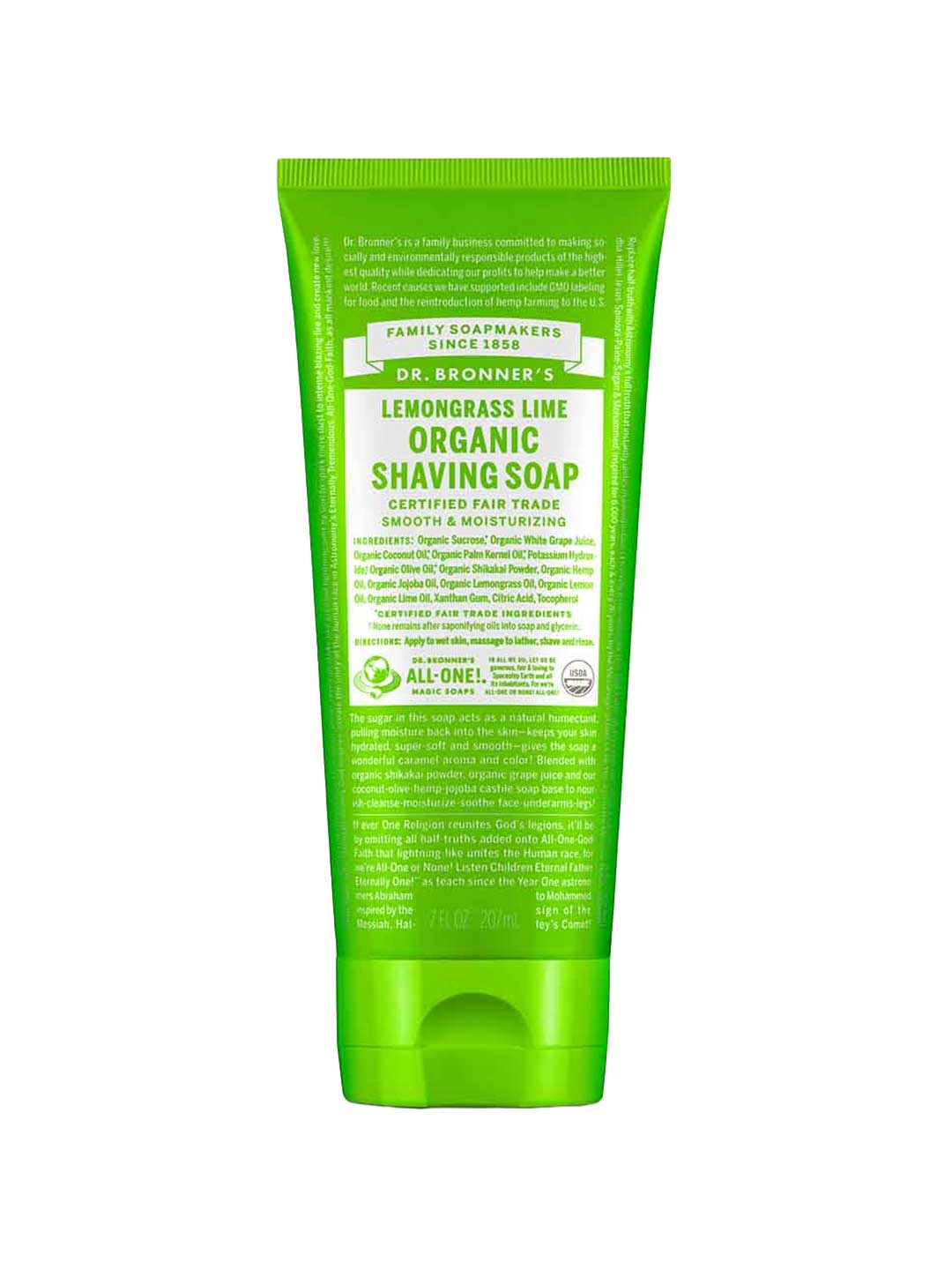 A green 207ml tube of Dr Bronner's Organic Shaving Soap - Lemongrass Lime stands upright against a white background, displaying white text with its certifications, ingredients, and features.