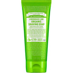 A green 207ml tube of Dr Bronner's Organic Shaving Soap - Lemongrass Lime stands upright against a white background, displaying white text with its certifications, ingredients, and features.