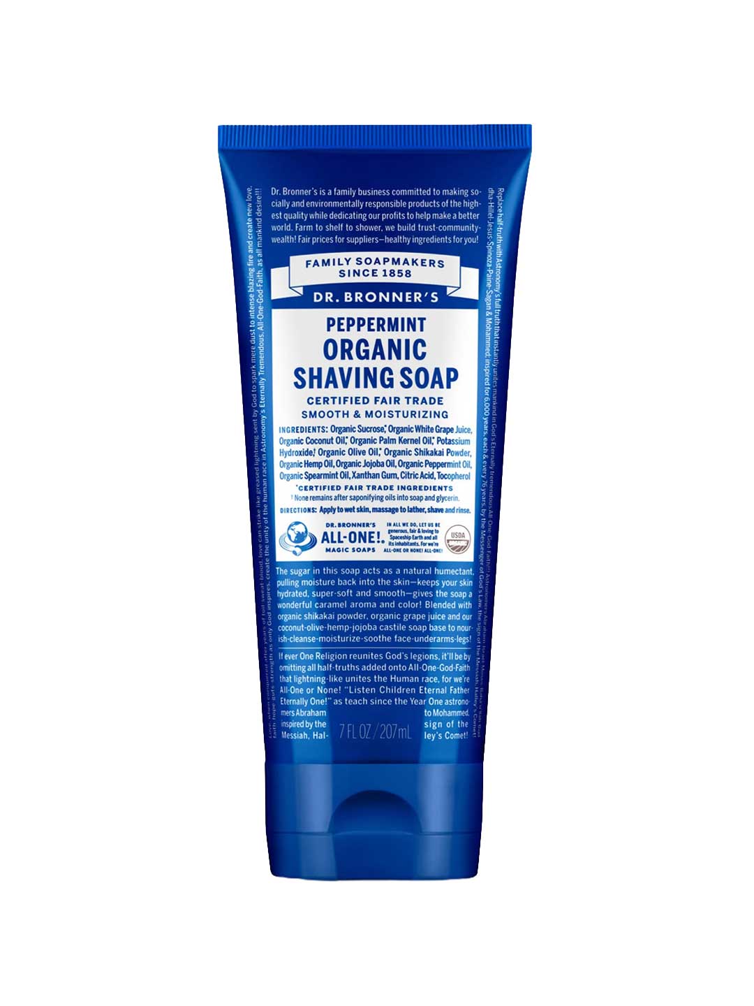 Dr Bronner's Organic Shaving Soap - Peppermint 207ml comes in a blue tube with a white and blue label highlighting its organic ingredients and certifications for a refreshing shave.