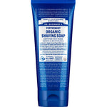 Dr Bronner's Organic Shaving Soap - Peppermint 207ml comes in a blue tube with a white and blue label highlighting its organic ingredients and certifications for a refreshing shave.
