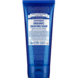 Dr Bronner's Organic Shaving Soap - Peppermint 207ml comes in a blue tube with a white and blue label highlighting its organic ingredients and certifications for a refreshing shave.