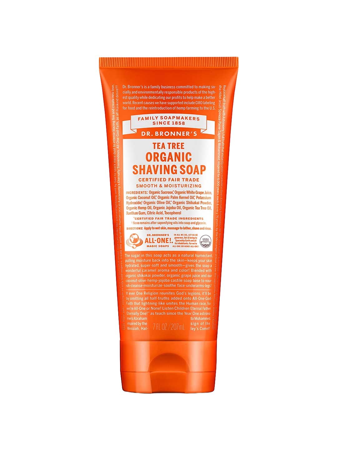 A bright orange 208ml tube of Dr. Bronner’s Organic Shaving Soap - Tea Tree, with white text and branding, stands upright on its white flip-top cap.