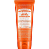 A bright orange 208ml tube of Dr. Bronner’s Organic Shaving Soap - Tea Tree, with white text and branding, stands upright on its white flip-top cap.