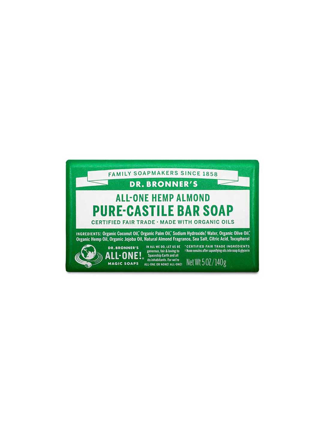 A green and white Dr. Bronner's Pure-Castile Bar Soap Almond 140g, with product details, ingredients, and certifications on the front. This organic soap bar has a net weight of 5 oz (140g).