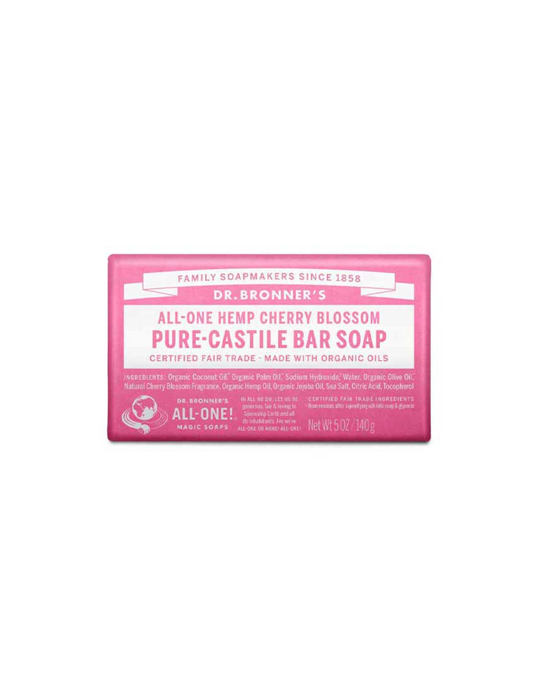 A pink bar of Dr. Bronner's Pure-Castile Bar Soap Cherry Blossom 140g, featuring its label with ingredients, organic and fair trade certifications.