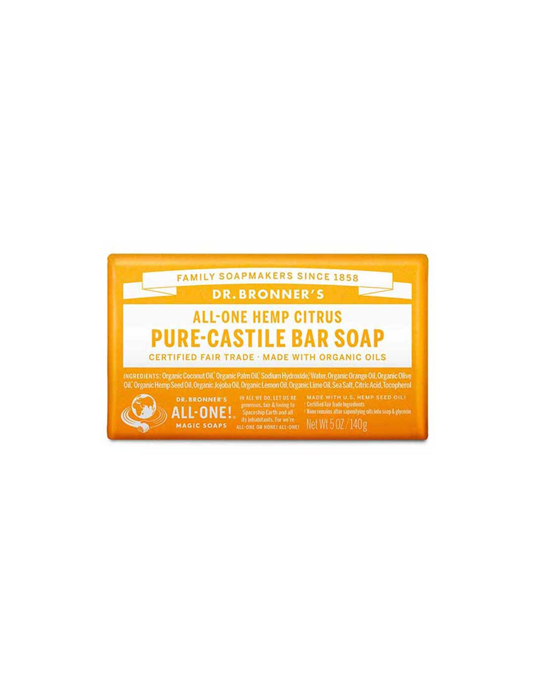 Dr. Bronner's Pure-Castile Bar Soap Citrus 140g is an organic, vegan, biodegradable soap in orange and white packaging—ideal for daily use and features product details and ingredients.