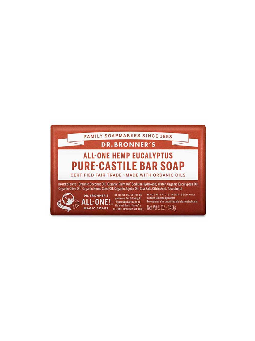 A rectangular bar of Dr. Bronner's Pure-Castile Bar Soap Eucalyptus 140g in red and white packaging, featuring product details and ingredients on the front label.