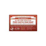 A rectangular bar of Dr. Bronner's Pure-Castile Bar Soap Eucalyptus 140g in red and white packaging, featuring product details and ingredients on the front label.