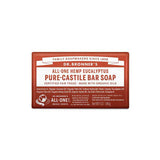 A rectangular bar of Dr. Bronner's Pure-Castile Bar Soap Eucalyptus 140g in red and white packaging, featuring product details and ingredients on the front label.