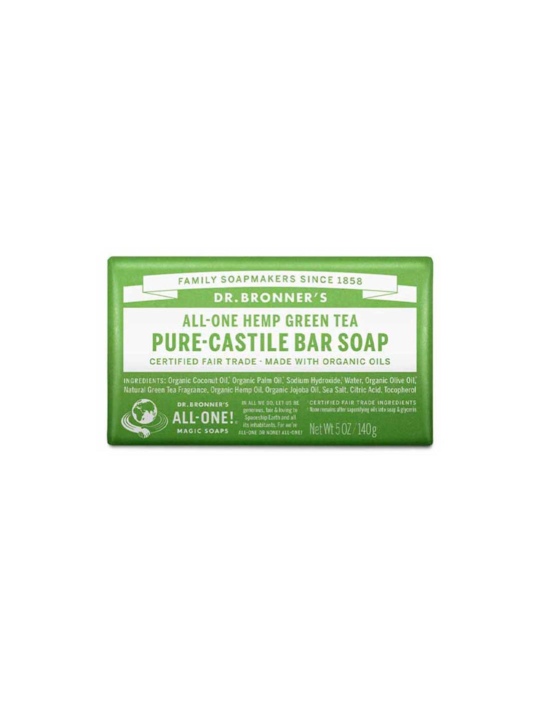 A 140g green and white Dr. Bronner's Pure-Castile Bar Soap in Green Tea, with product info, organic ingredients, and certifications displayed on the front label.