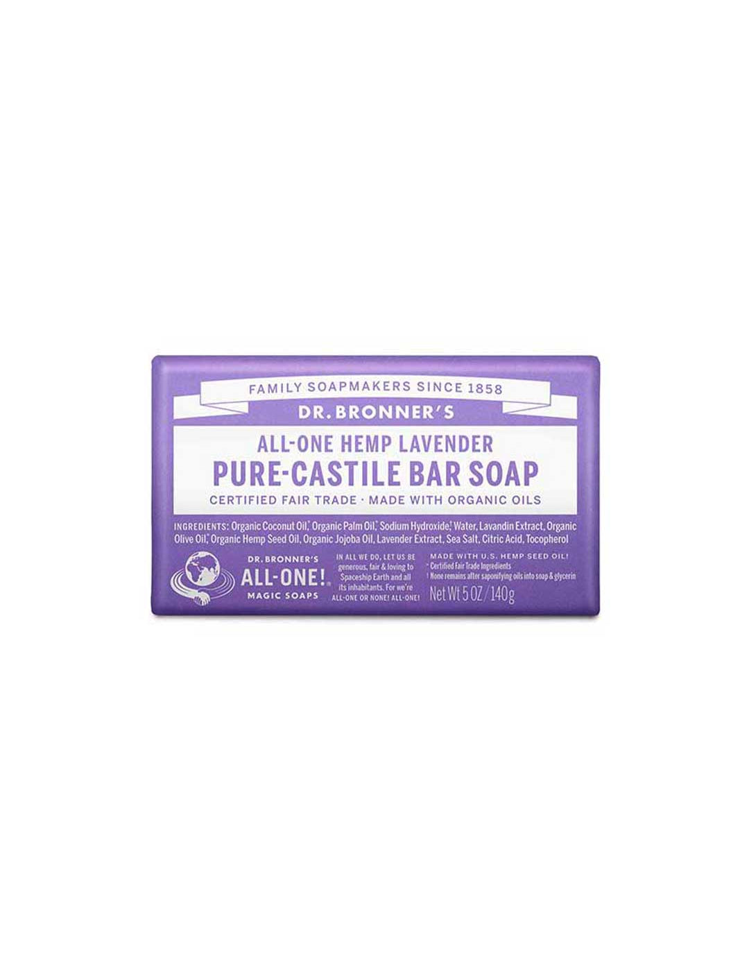 Dr. Bronner's Pure-Castile Bar Soap Lavender 140g features fair trade and organic certifications on its white label, highlighting its quality as an organic soap.