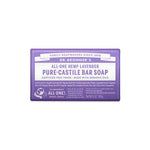 Dr. Bronner's Pure-Castile Bar Soap Lavender 140g features fair trade and organic certifications on its white label, highlighting its quality as an organic soap.