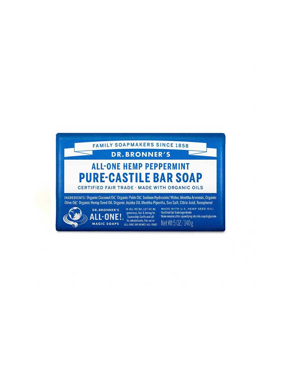 A 140g bar of Dr. Bronner's Pure-Castile Bar Soap Peppermint in blue and white packaging, labeled with product details, organic ingredients like hemp oil, and brand information.