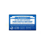A 140g bar of Dr. Bronner's Pure-Castile Bar Soap Peppermint in blue and white packaging, labeled with product details, organic ingredients like hemp oil, and brand information.