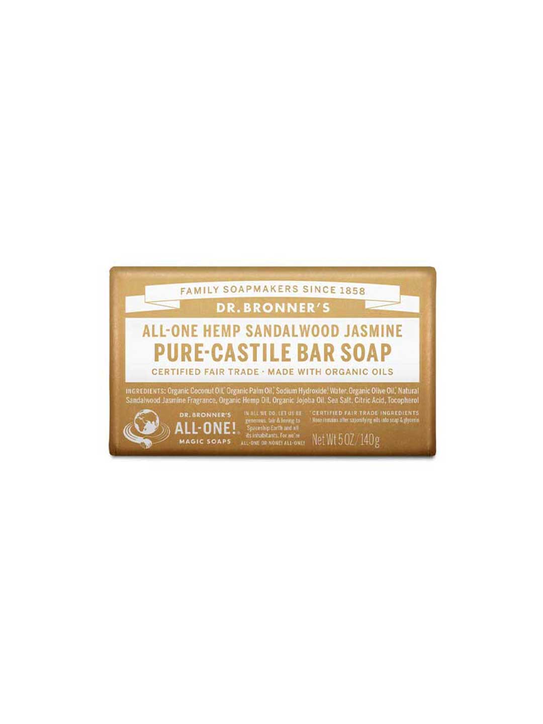 Dr. Bronner’s Pure-Castile Bar Soap Sandalwood Jasmine 140g comes in brown and white packaging highlighting its organic hemp oil, fair trade ingredients, and heritage of quality soapmaking.