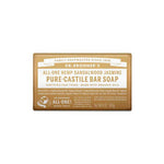 Dr. Bronner’s Pure-Castile Bar Soap Sandalwood Jasmine 140g comes in brown and white packaging highlighting its organic hemp oil, fair trade ingredients, and heritage of quality soapmaking.